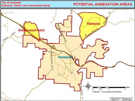 A 2003 Annexation study map shows the then-unincorporated areas of Greenwood Point/South Cove and Klahanie in relation to the City of Issaquah.