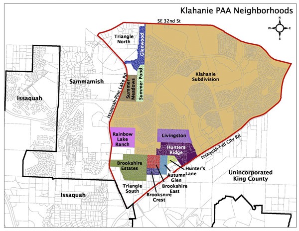 This map shows the Klahanie Potential Annexation Area surrounded by the red lines. The 'boot' is the area of Sammamish to the immediate west of the PAA.