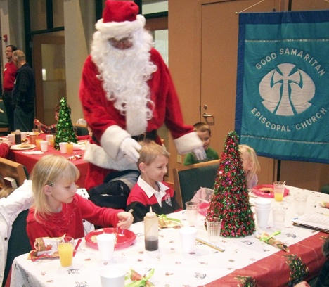 It took the combined efforts of the Skyline and Eastlake High School Key Clubs and the Kiwanis Clubs of Sammamish and Providence Point to get Santa here for breakfast at the Good Samaritan Episcopal Church.