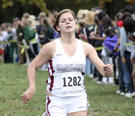 Eastlake's Chelsea Orr pushes towards the finish line Thursday afternoon at Lake Sammamish State Park. She finished third