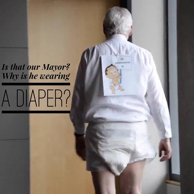 Sammamish Mayor Don Gerend in a diaper as part of the Sammamish City Council’s efforts to engage the community in a “bottoms-up competition” for Eastside Baby Corner’s 2016 Diaper Derby. The competition ends June 10.