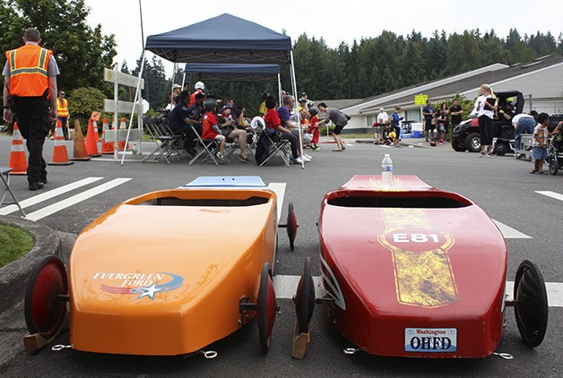 Cars line up for the annual Rotary Challenge Series Race at Discovery Elementary School in Sammamish on Aug. 10. The race is one of the most anticipated events at Sammamish Days.