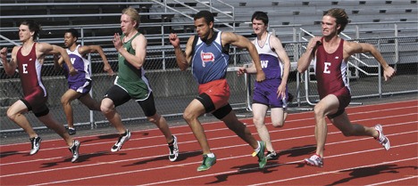 Eastlake's Daniel Jackstadt (far left) leads a pack of runners in the 100. He finished first in the event in 11.09 seconds