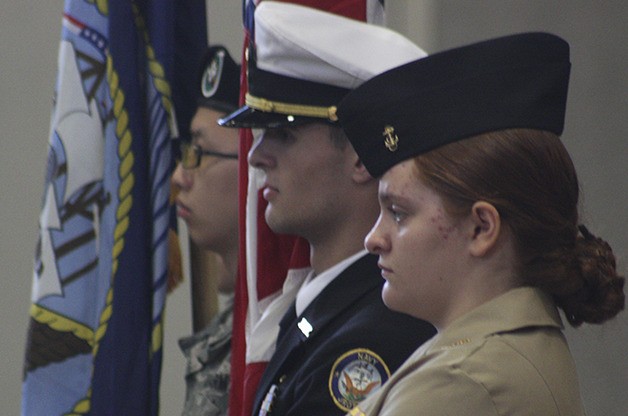 The Liberty High School ROTC presented and retired the American and military 'colors' at the Veterans Day ceremony held in the Issaquah Community Center.