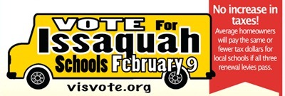 A graphic on the Volunteers for Issaquah (VIS) Schools Web site touting the February election school levies.