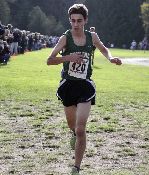 Skyline's Keegan Symmes crosses the finish line in second place.