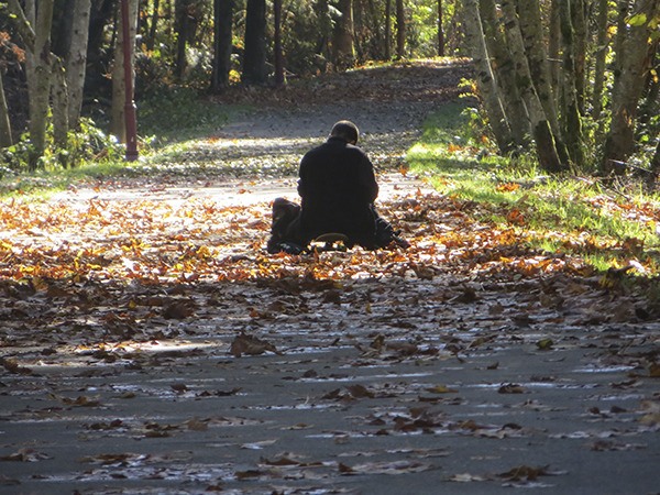 A young man sits on his skateboard on the Rainier Trail Monday