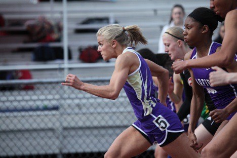 Issaquah senior Haley Jacobson breaks away from the pack at the start of the 100 final Friday. She won two titles and helped two relay teams to victories.