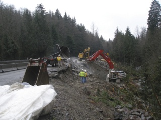 Washington State Department of Transport workers are currently stabilizing a section of State Road 18 near the Tiger Mountain summit