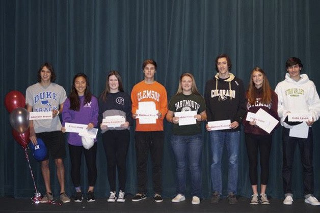 A plethora of Eastlake High School student athletes partook in a November signing day ceremony where they committed to their respective collegiate sports programs of choice. From left to right: Adamson Bryant (Duke University