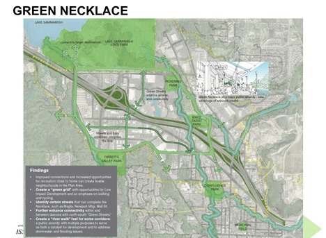 The Central Issaquah Task Force is focusing on several themes to re-envision Central Issaquah and attract future redevelopment opportunities. The principle of a 'green necklace' is one of those themes.