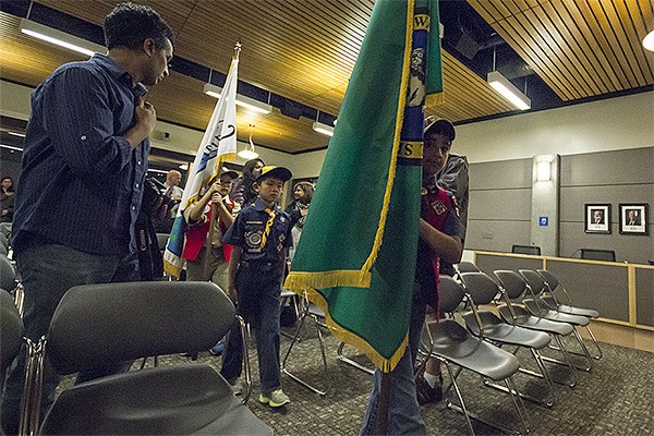 From front to back: Cub Scout Pack 225 members Varun Mahesh