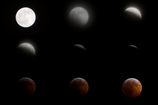 A sequence of the full lunar eclipse on Monday