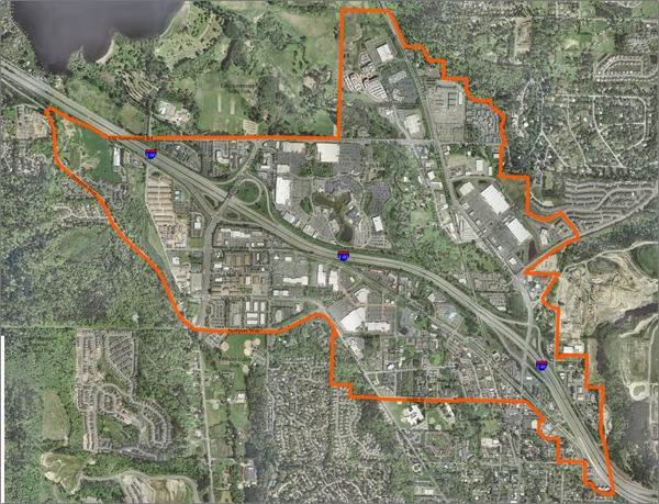 The boundaries of the Central Issaquah Plan area extend to both sides of I-90. The area excludes historic Front Street.