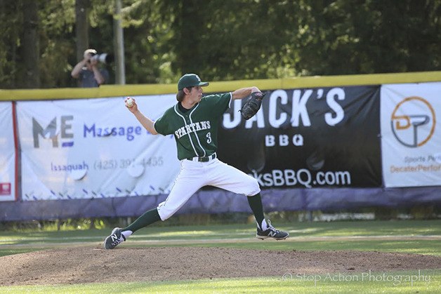 Skyline Spartans pitcher Connor Knutson unleashes a pitch toward the plate against the Issaquah Eagles on April 8. Knutson surrendered just one hit in the contest in the bottom of the seventh inning. Skyline defeated Issaquah 2-1.