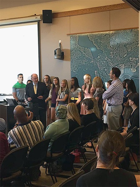 Issaquah Mayor Fred Butler recognized the Issaquah High School girls track and field team’s May 30 state championship win and declared June 15