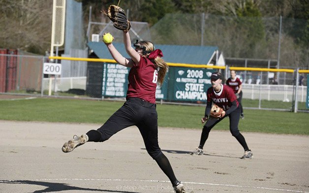 Eastlake Wolves pitcher Julie Graf hurls a pitch toward home-plate against the Redmond Mustangs in a game earlier this season. Graf pitched a complete-game in Eastlake's 6-4 victory against the Bothell Cougars on April 27 in Sammamish.