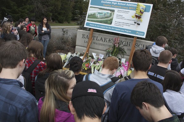 Hundreds of Eastlake students meet out in front of the school Tuesday afternoon. Amber Cuozzo