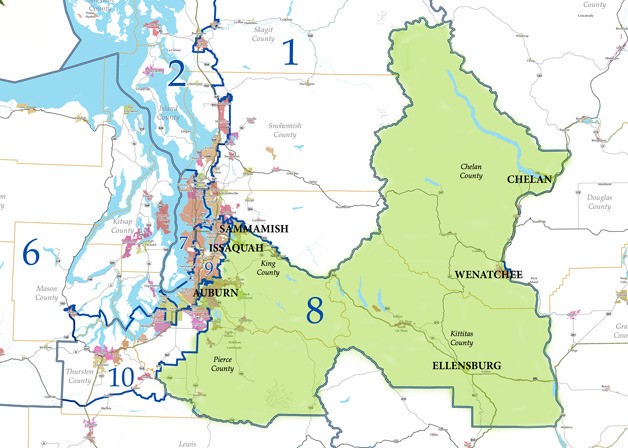 The Eighth Congressional District boundary lines were redrawn to include both Chelan and Wenatchee. The district shed Bellevue