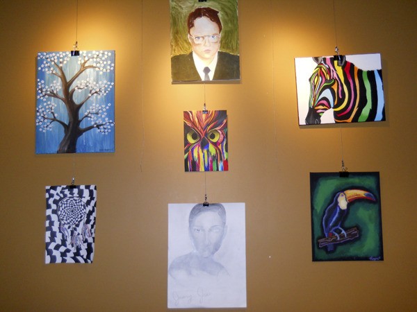 Seven pieces of Eastside Catholic student art are on display at the Starbucks on 228th in Sammamish.