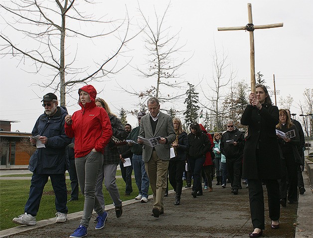 At least 80 people gathered in the Sammamish City Hall Plaza on Good Friday