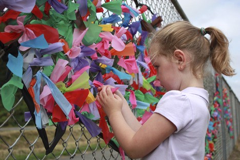 Madison Smith ties a pink ribbon to the fishy fence display at Issaquah Valley Elementary