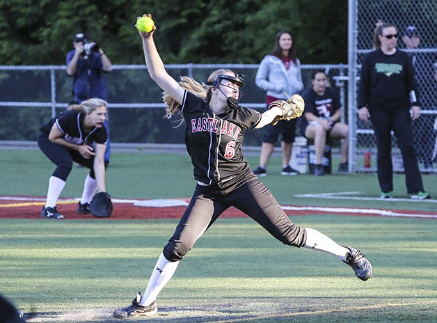 Eastlake pitcher Julie Graf delivers a pitch against the Redmond Mustangs on May 6 at Hartmann Park in Redmond. Graf pitched all nine innings for Eastlake in the contest. Redmond defeated Eastlake 7-6.
