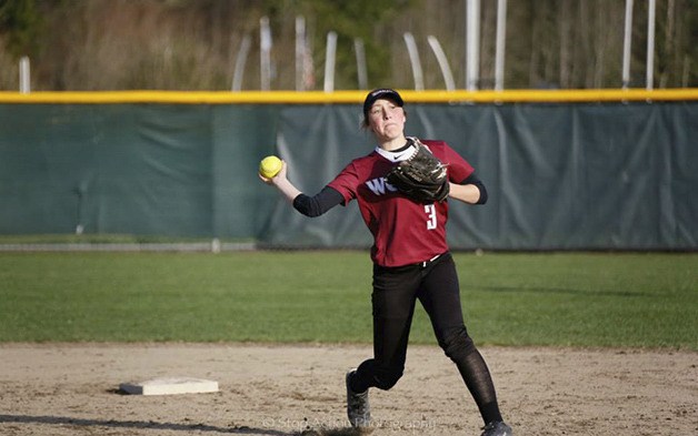 Eastlake infielder Maddie Coats makes a throw to first base for an out against the Woodinville Falcons.
