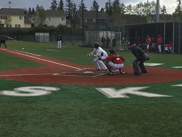Skyline leadoff hitter Danny Sinatro squares up to bunt in the bottom of the first inning against Newport pitcher Todd Reese on April 24 in Sammamish.