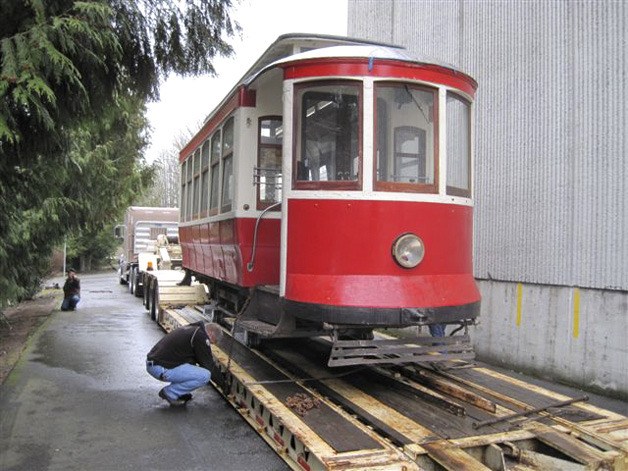 The Issaquah Valley Trolly was moved last week onto this truck to be restored in Iowa.