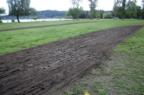 Visitors to the state park Monday morning were shocked to see a long muddy rut snaking its way around the park