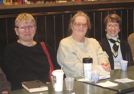 Shirl Biccum (center) with Sharon Lamm and Brenda West at First Monday Fiction Club in Issaquah