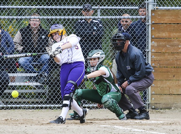 Issaquah junior Tatum Dow takes a swing at a pitch against the Skyline Spartans on May 11 at Issaquah High School.