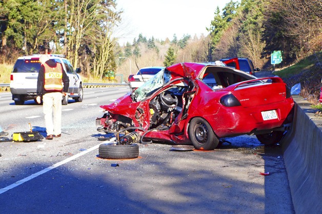 This Dodge Neon was torn apart in a fatal accident in Bellevue Tuesday. The 18-year-old Issaquah driver died.