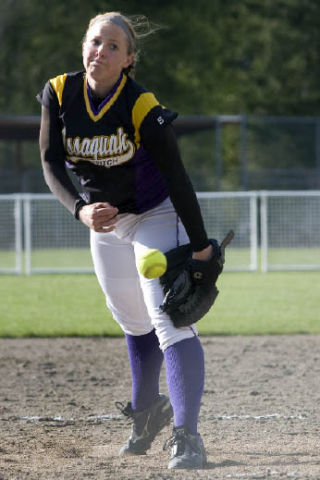 Issaquah sophomore Mikenzie Voves hurls a pitch to home plate Tuesday afternoon against Bellevue.
