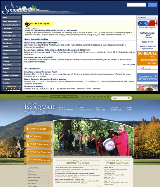 A side-by-side comparison of the Sammamish city website and the Issaquah city website