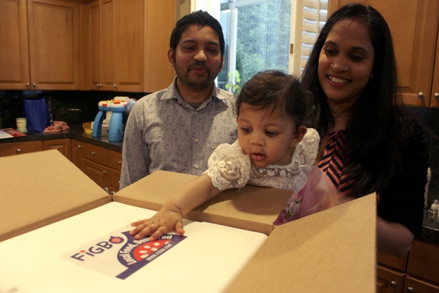 Megan Campbell/staff photoTen-month-old Lipi Komanapalli reaches for the logo of Figbo