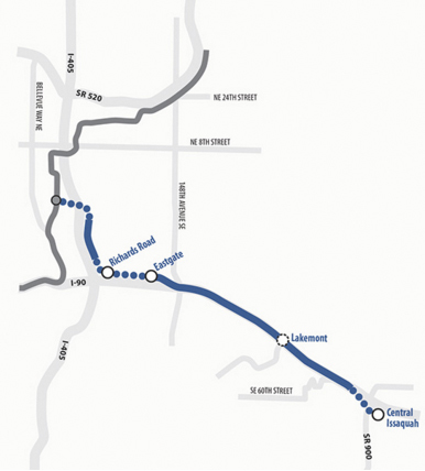 Courtesy of soundtransit3.orgThe current proposed line from Downtown Bellevue to Issaquah.