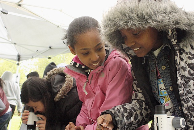 Elizabeth Blackwell Elementary School students Aryonna Joesph-Rivers (center) and Madison Fuller (right) look at a plankton