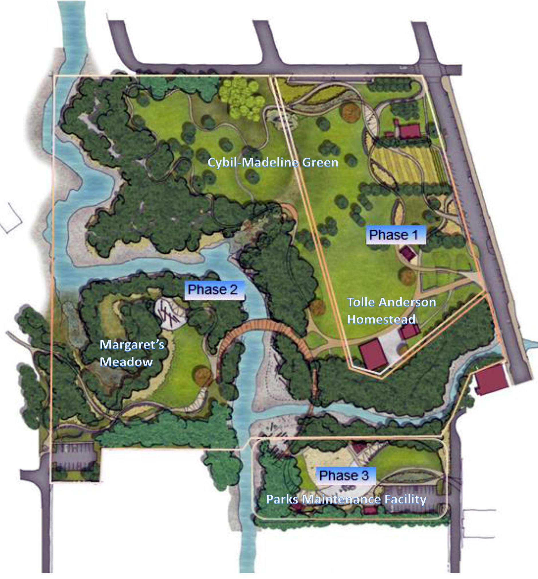 Photo courtesy of City of Issaquah.  The Confluence Park master site plan includes a pedestrian bridge