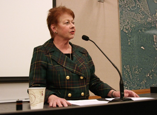 Mayor Ava Frisinger delivers her State of the City address at Issaquah City Hall Monday night. She focused on the city’s economic development.