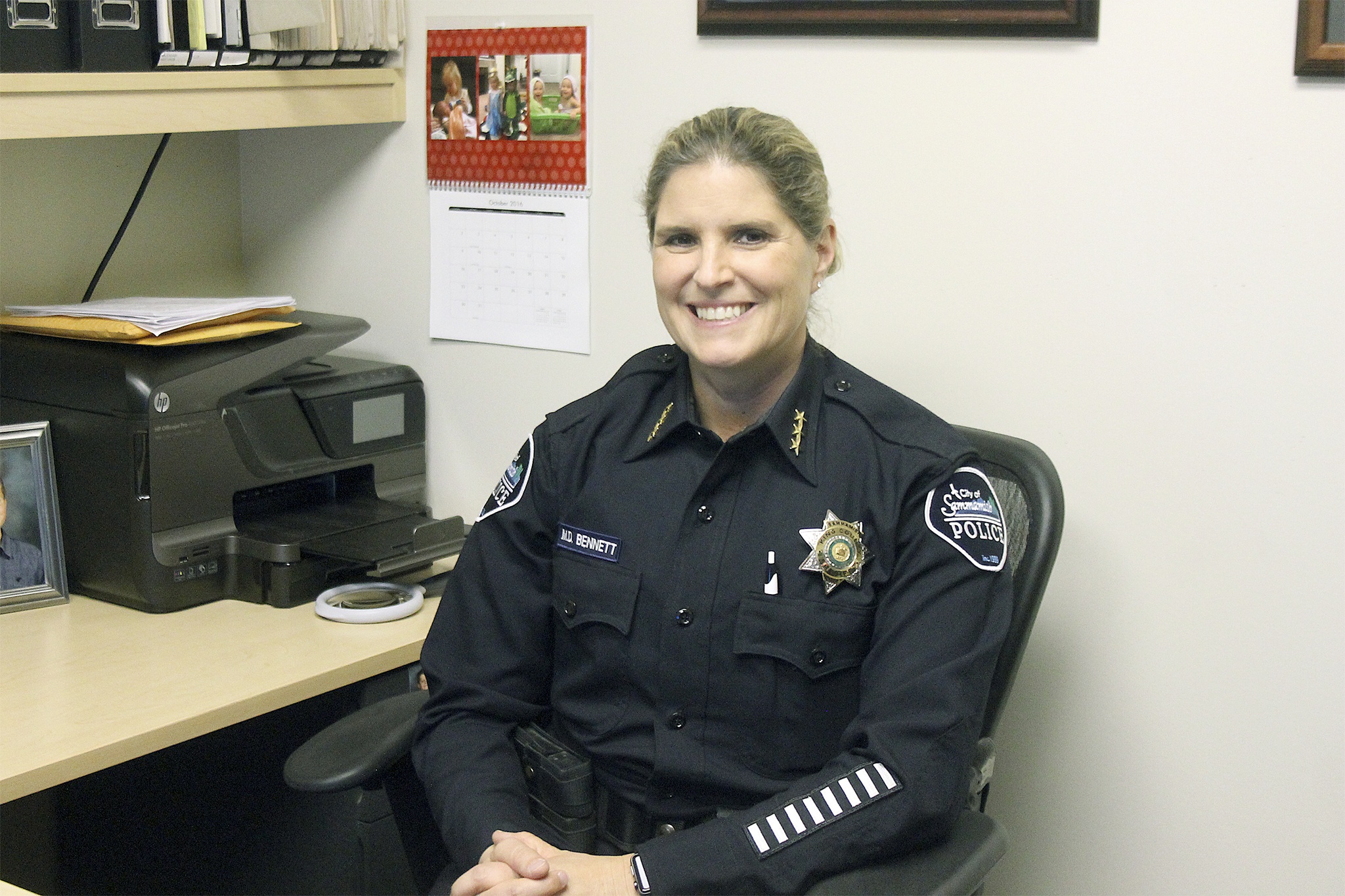 New Sammamish Police Chief Michelle Bennett settles into her office at City Hall. For the second time in her career