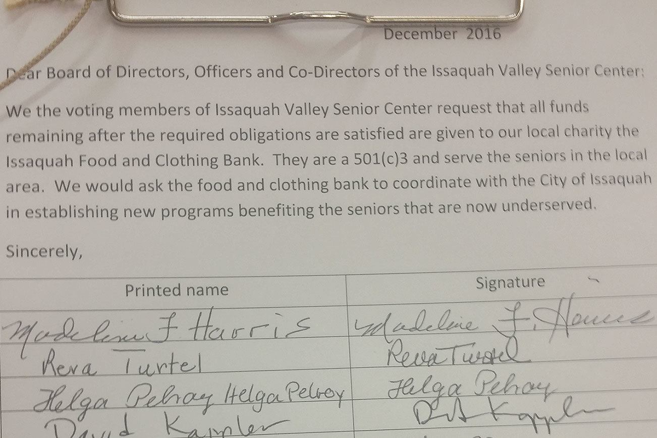 Seniors sign petition to send senior center funds to Issaquah Food and Clothing Bank