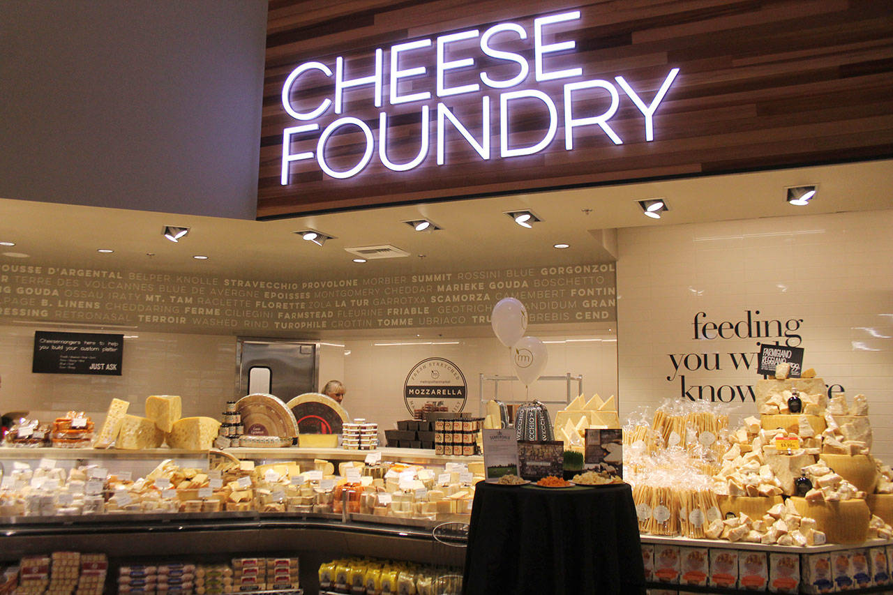 A fully-stocked cheese foundry at the new Metropolitan Market in Sammamish (Joe Livarchik/staff photo).