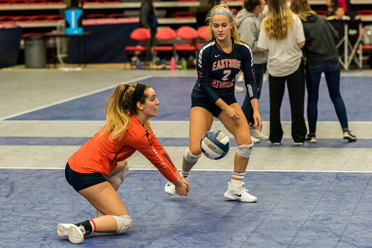 Photo courtesy of John Fisk                                The Eastside Catholic Crusaders volleyball team earned fourth place at the Class 3A state volleyball tournament on Nov. 11 at the Toyota Center in Kennewick. Eastside Catholic had an overall record of 2-2 at the state tourney, registering victories against Timberline and Ferndale. The Crusaders lost to Capital in the Class 3A semifinals and Mount Spokane in the third/fourth place contest. Eastside Catholic finished the 2017 season with an overall record of 19-6.
