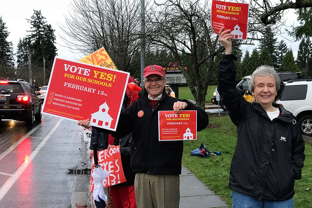 Walt and Kathy Krueger are on the Lake Washington Citizens Levies Committee and attended the Red Monday rally at Kamiakin Middle School. &lt;em&gt;Kailan Manandic/Sound Publishing&lt;/em&gt;