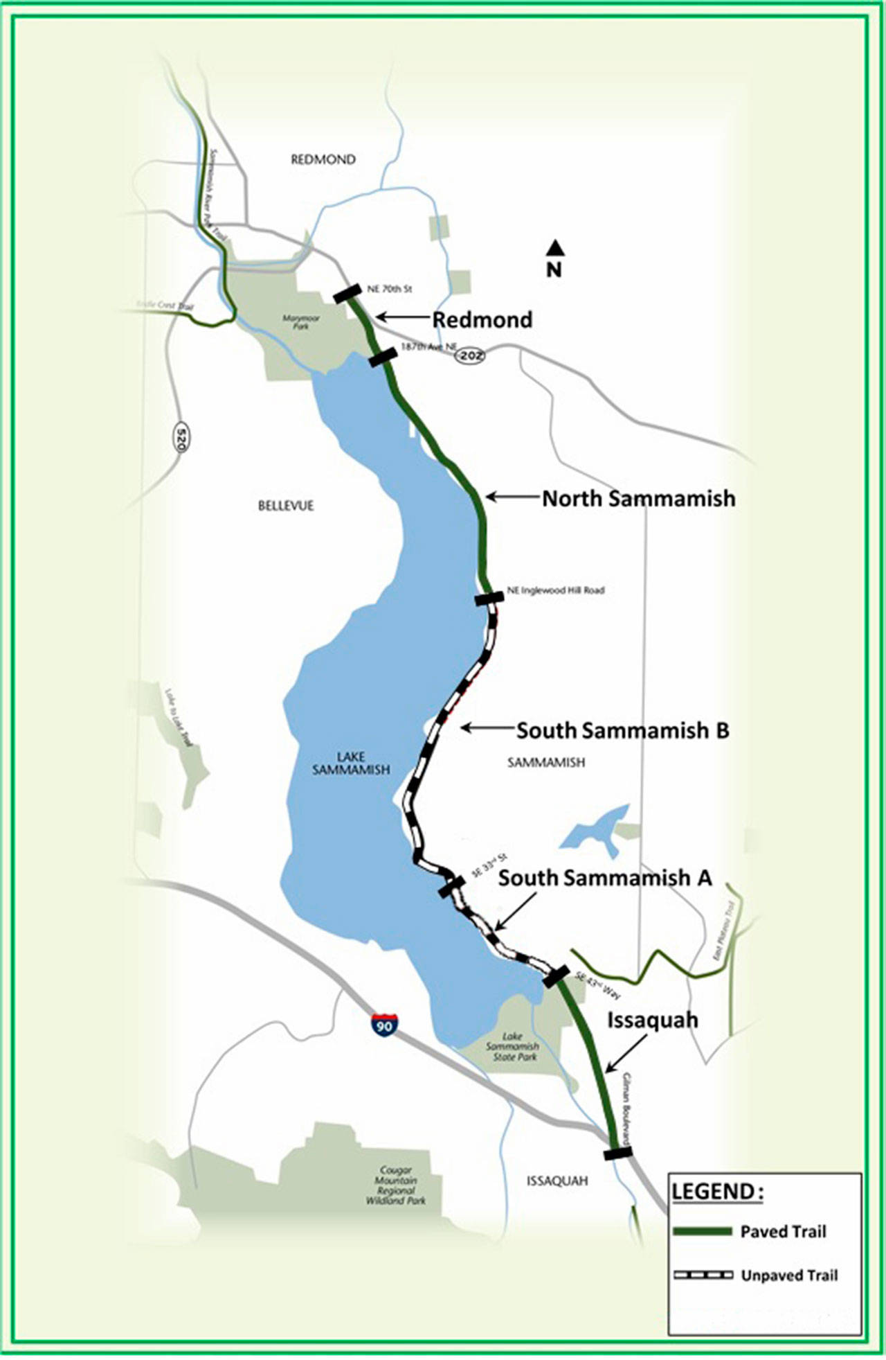 A map of the Eastlake Sammamish Trail plans. The South Sammamish A segment was recently completed and a grand opening was held in January. (Image courtesy of King County)