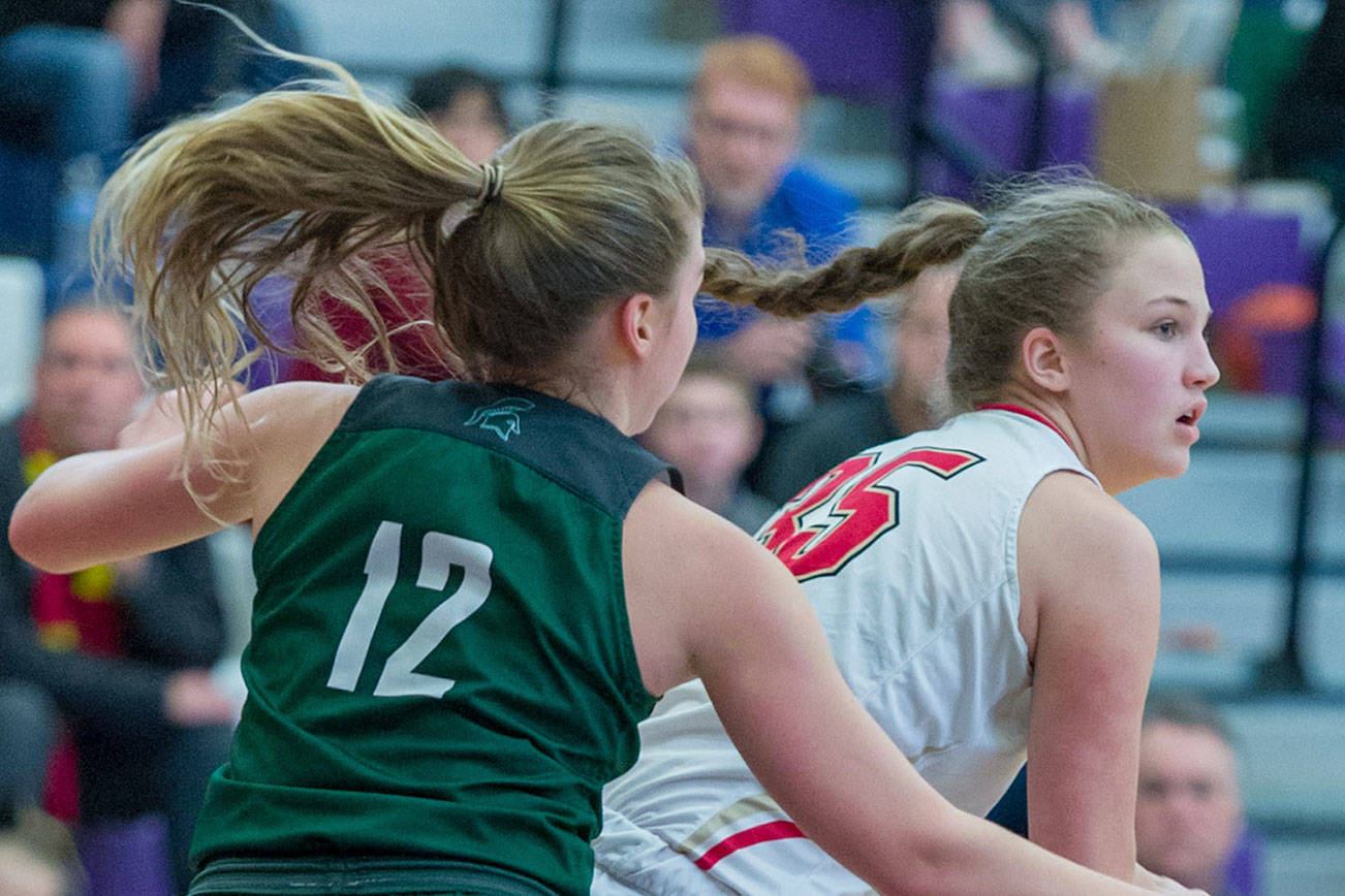 Photo courtesy of Patrick Krohn/Patrick Krohn Photography                                Skyline Spartans senior Carly Werner, left, plays defense in the paint against the Newport Knights in a loser-out, KingCo 4A playoff game. Skyline defeated Newport 72-57 on Feb. 15 at Lake Washington High School in Kirkland.