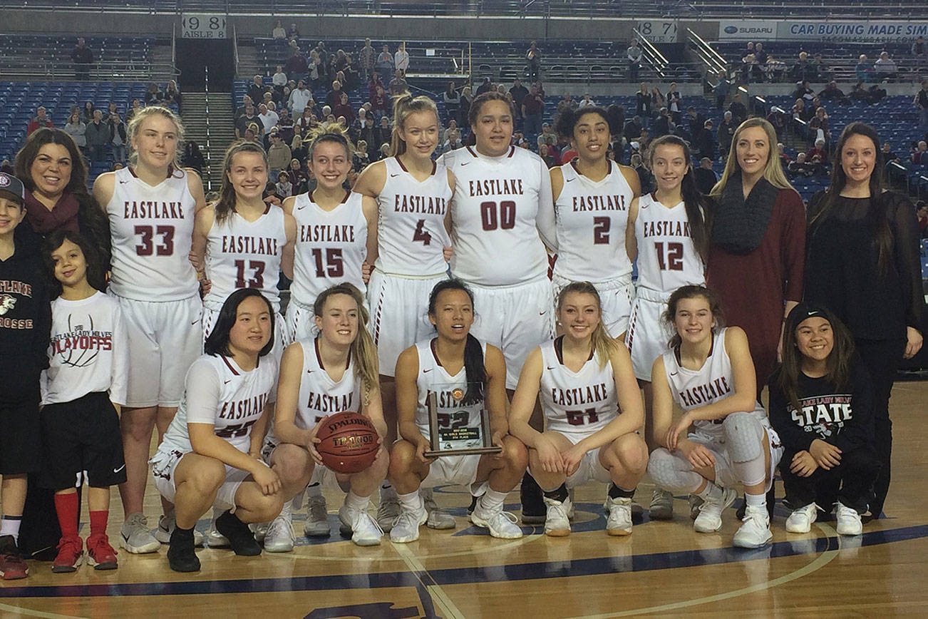 Shaun Scott, staff photo                                The Eastlake Wolves girls basketball team captured fifth place at the Class 4A state tournament at the Tacoma Dome on March 3. The Wolves finished the 2017-18 season with an overall record of 24-4.