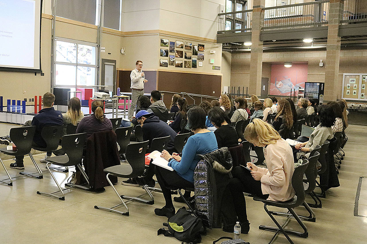 Josh Cutler, a behavioral health specialist at Swedish Medical Center, gives the keynote address at Saturday’s State of Mind conference at Gibson Ek High School in Issaquah. Nicole Jennings/staff photo